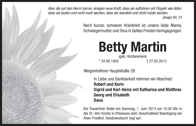  Traueranzeige für Betty Martin vom 30.05.2013 aus Pegnitz-Zeitung
